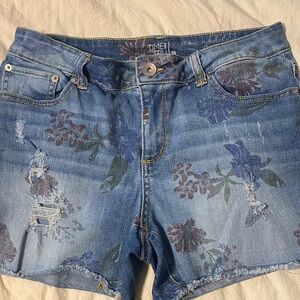 Time and Tru Blue Floral Distressed Denim Shorts